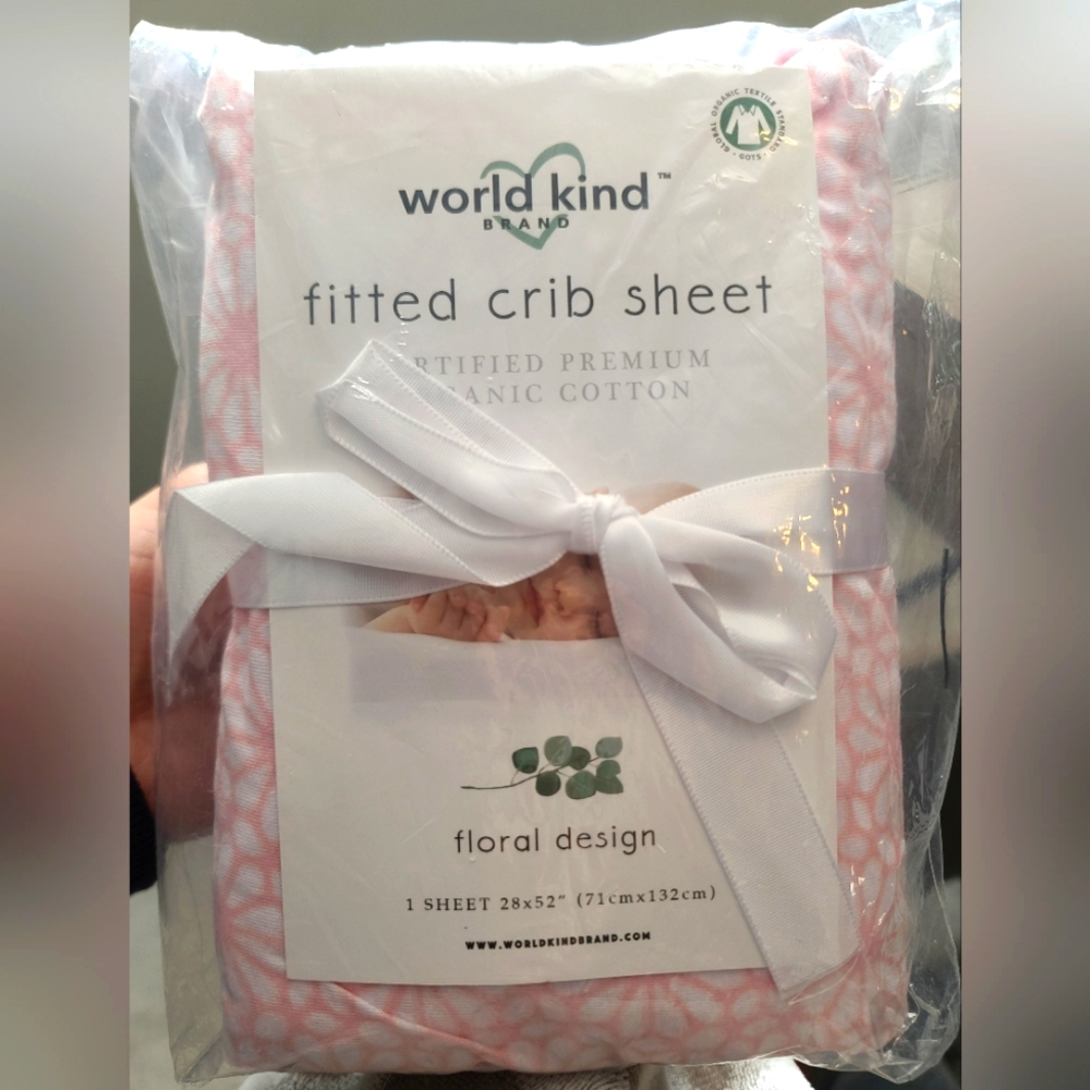 World Kind Brand Fitted Crib Sheet. Organic Cotton Floral. Pink and White.